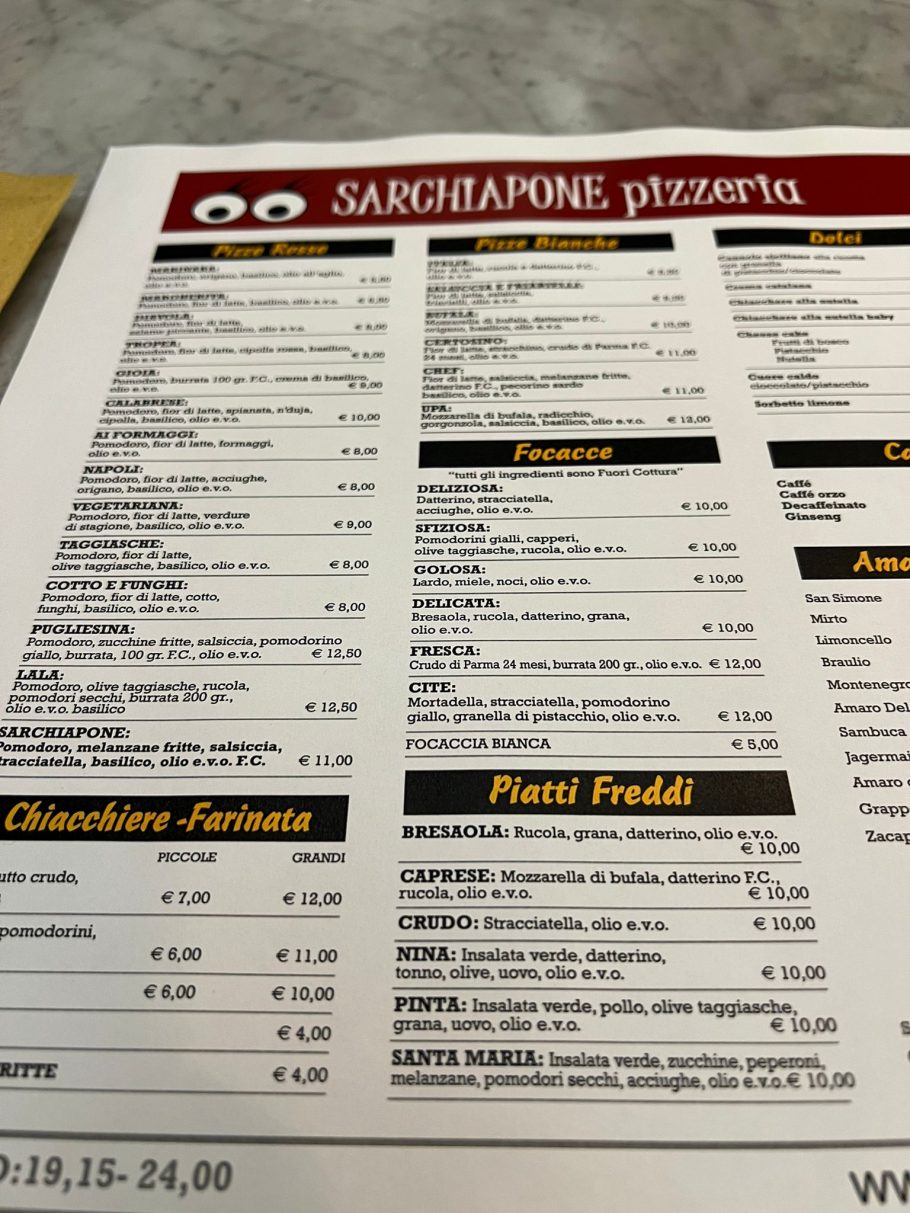 Menu pizzeria sarchiapone | Pizzerie a Torino